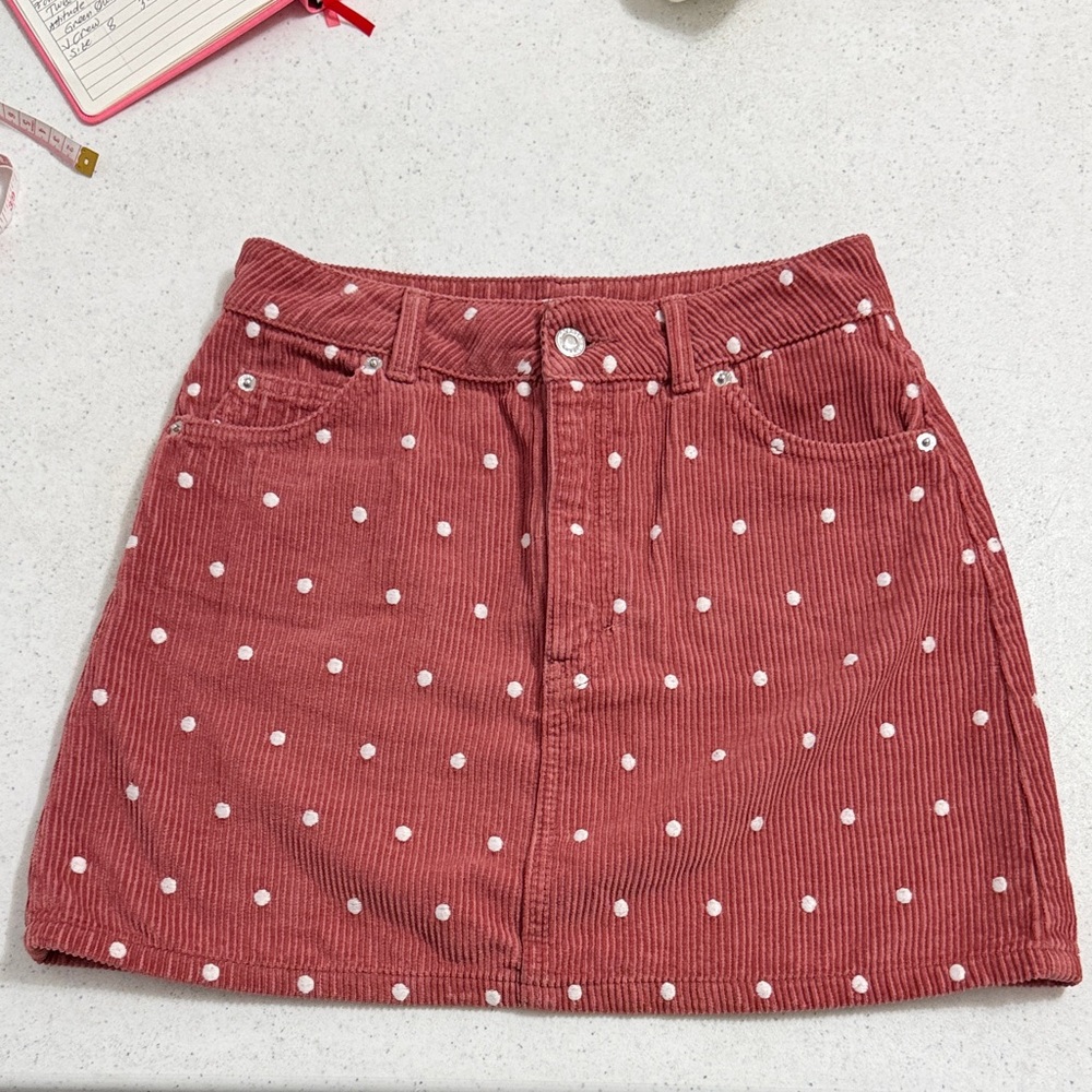 TOPSHOP Pink Corduroy Mini Skirt with White Polka Dots US 4